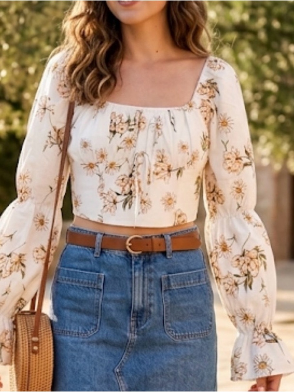 GB girls Cream Floral Square-Neck Drawstring Crop Top
